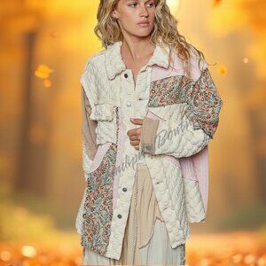 POL Bohemian Oversized Quilted Jacquard Cotton Blend Collared Button Up Jacket